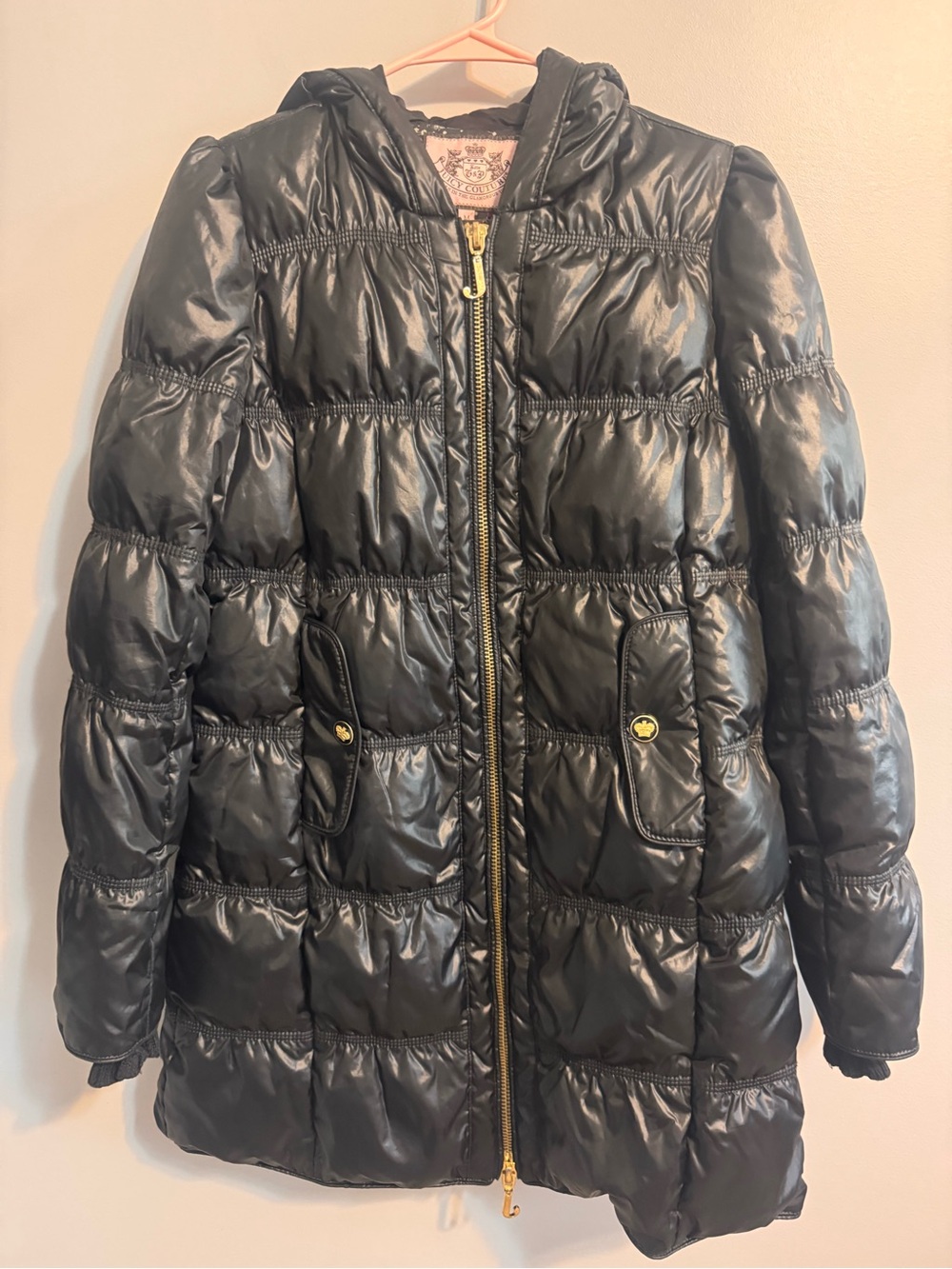 Juicy Couture Black Long Puffer Coat M Gold Crown Buttons Y2K Glam
